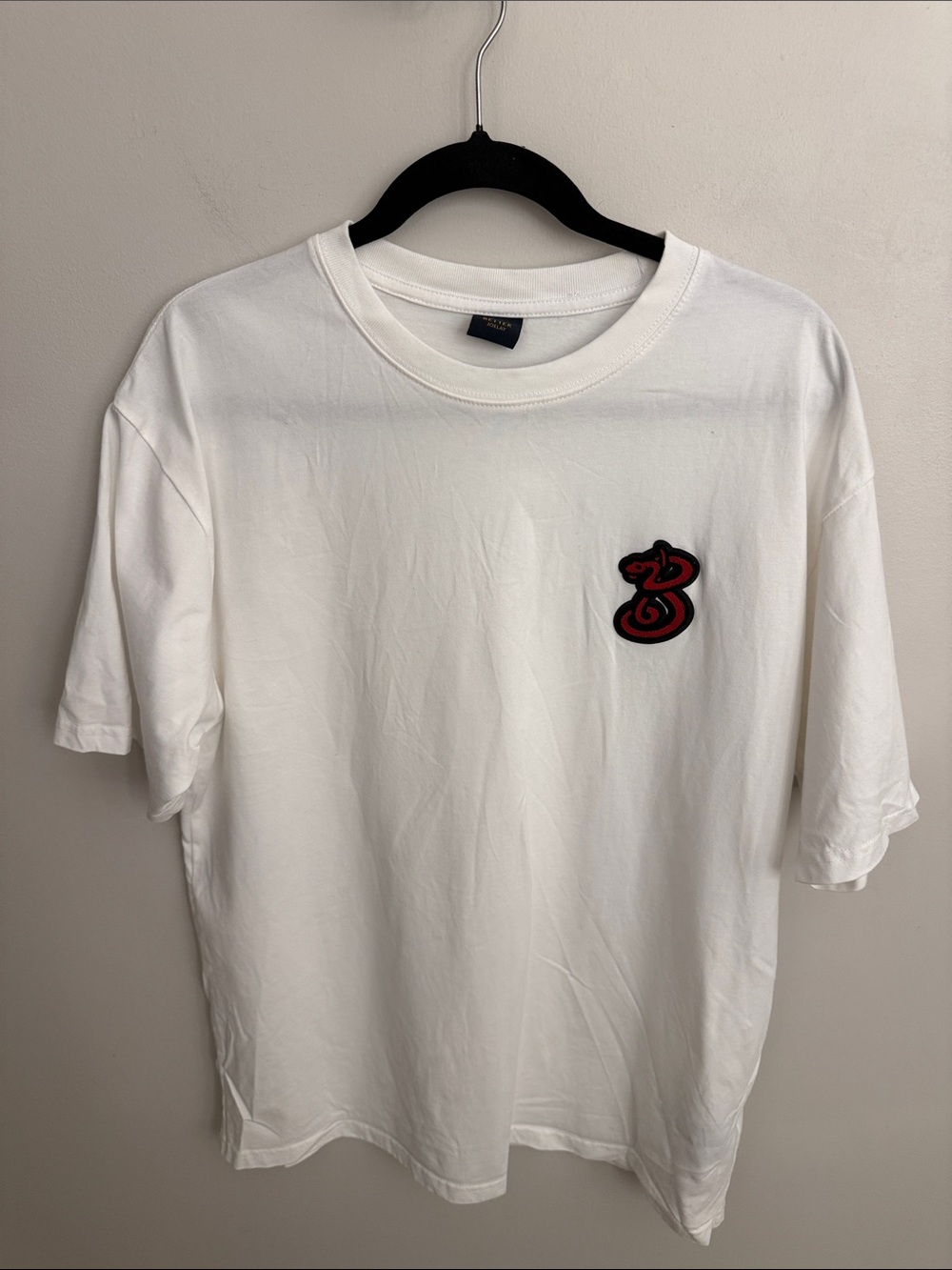 White Short-Sleeve Crew Tee with Red Chest Patch